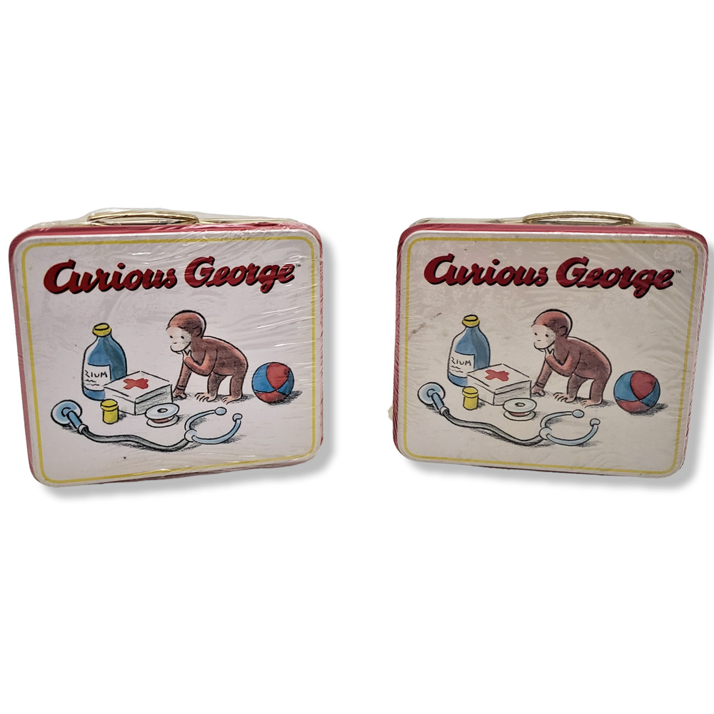 1999 Curious George Series 1 Mini Lunch Box Candy Tin New Sealed Vintage 2 Piece